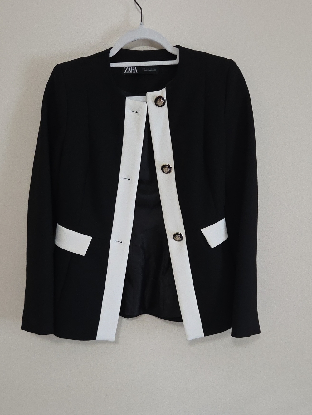 Zara Black Blazer with White Contrast Trim